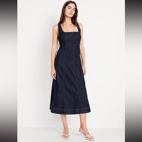 Old Navy Dresses & Skirts - Denim dark blue wash fit and flare square neck midi dress NWT Small